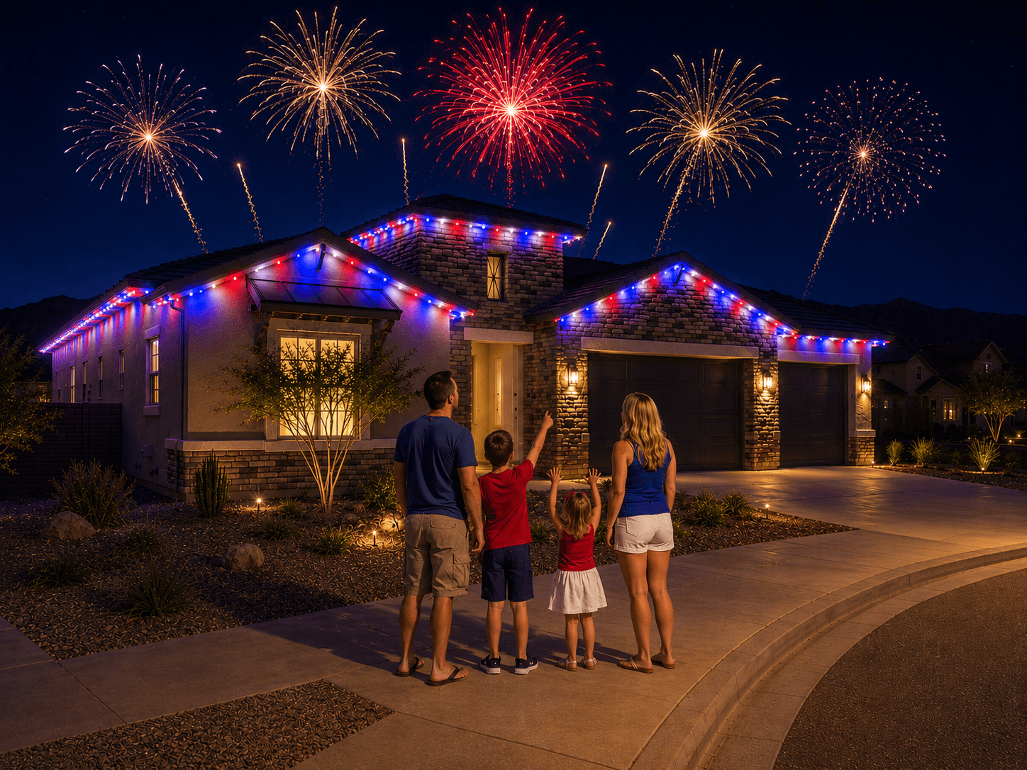 A family watching fireworks over their new Arizona home, lit with permanent red, white, and blue trim lighting