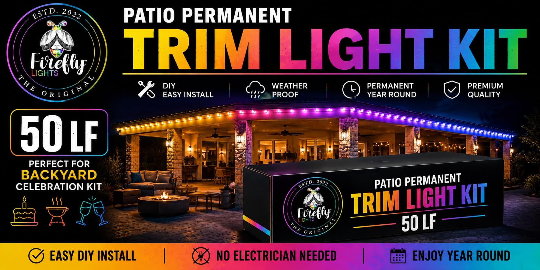 Firefly Lights Patio Permanent Trim Light Kit — 50 LF Backyard Celebration Kit